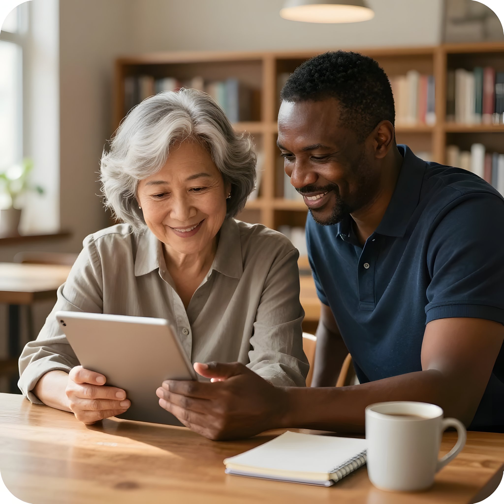 A kind instructor and senior student looking at a tablet together